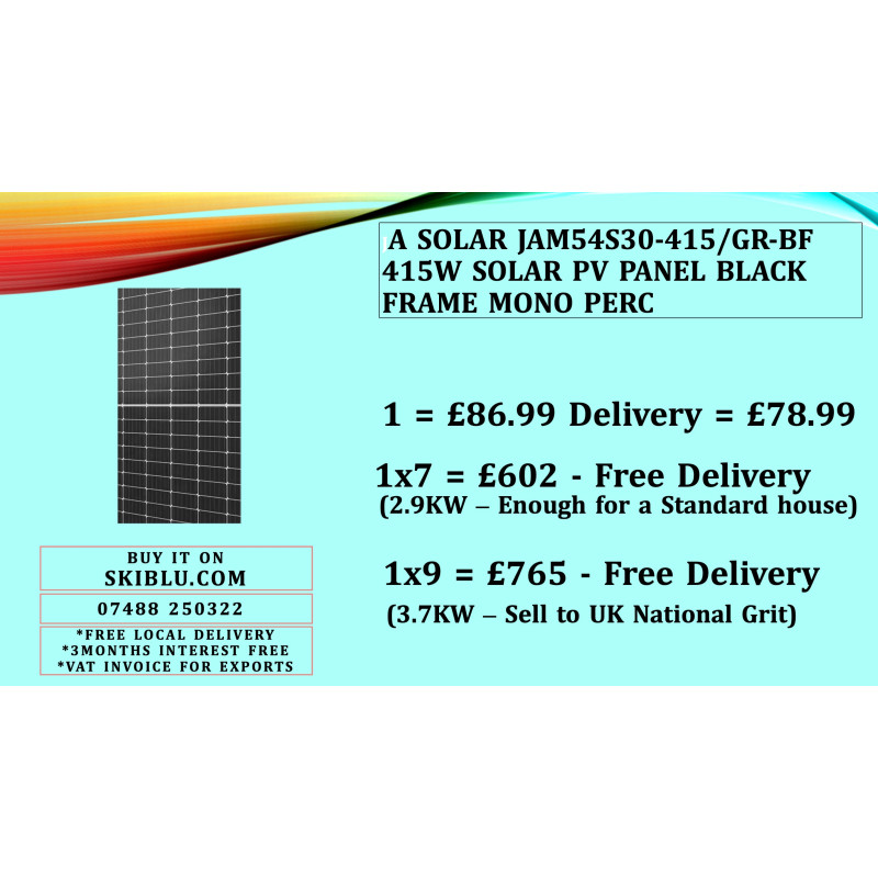 JA Solar JAM54S30-415/GR-BF 415W Solar PV Panel Black Frame Mono PERC