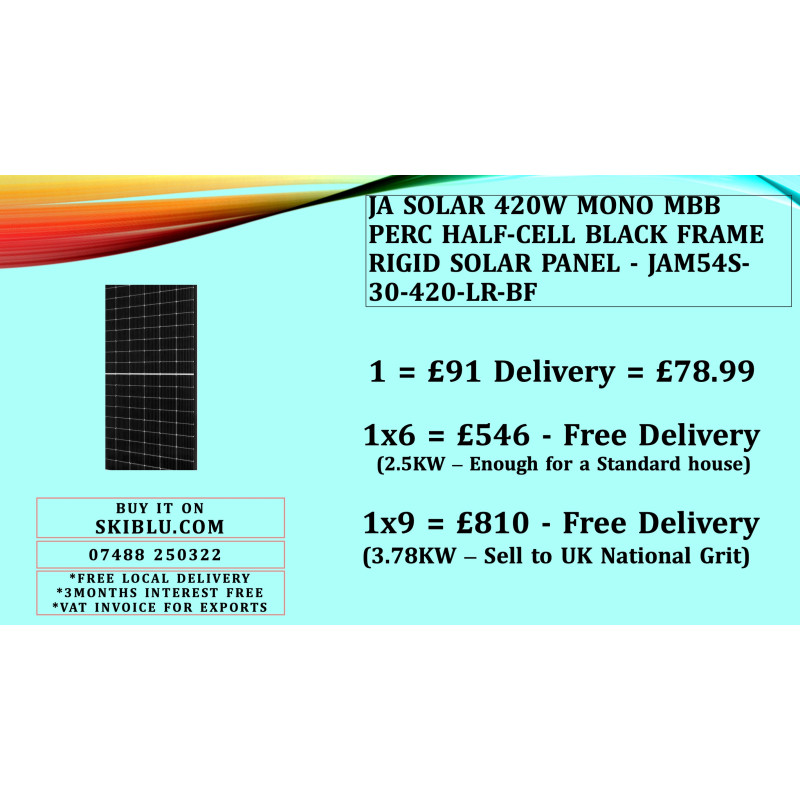 JA Solar 420W Mono MBB PERC Half-Cell Black Frame Rigid Solar Panel - JAM54S-30-420-LR-BF